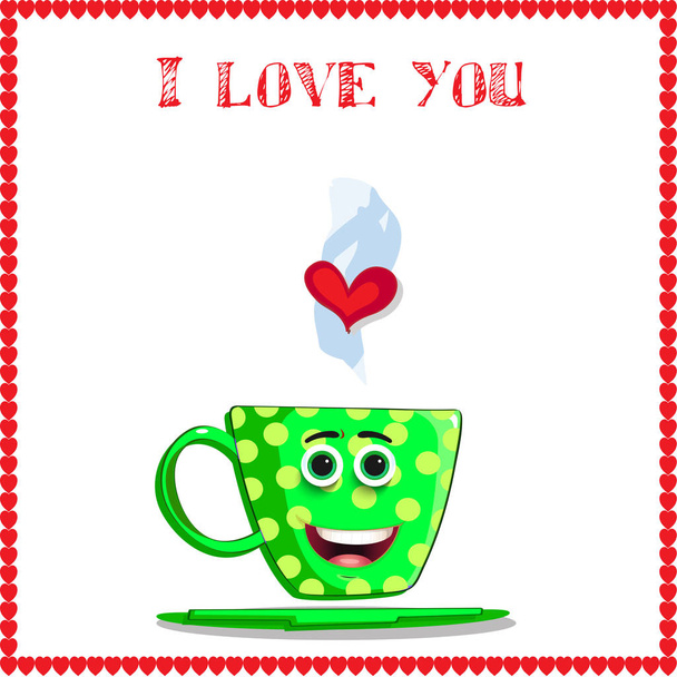 I love you card with cute green cup with cartoon face, yellow polka dots and heart in steam framed with red hearts border.   illustration, love clip art for valentines day, wedding, dating design - Photo, Image