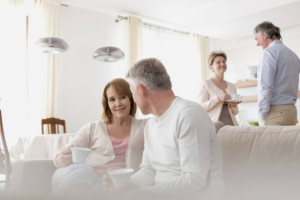 Mature couples talking in living room at home - Foto, Imagem