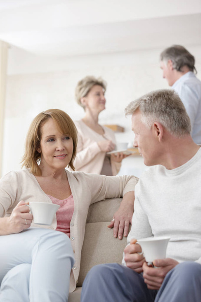 Mature couples talking in living room at home - Photo, image