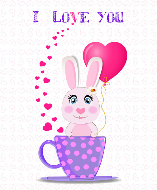 Cartão de saudação com bonito coelho cartoon segurando balão coração rosa, sentado em copo violeta com bolinhas e corações confete ao redor e texto eu te amo. ilustração dos namorados. Confissão de amor
 - Foto, Imagem