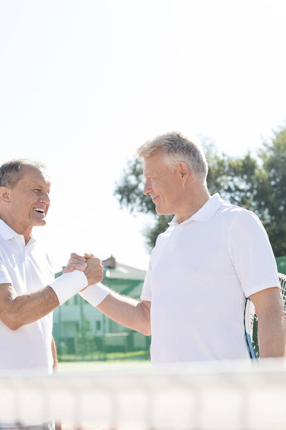 Happy men greeting while standing on tennis court during summer match - Foto, Imagen