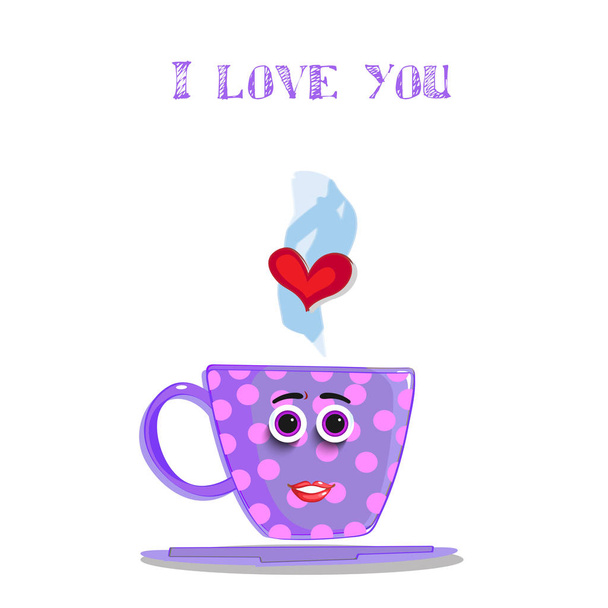 I love you card with cute smiling lilac mug with girl's face, lips, eyes, pink polka dots pattern and red heart in steam.   illustration, love clip art for valentine's day, wedding, dating design - Photo, Image