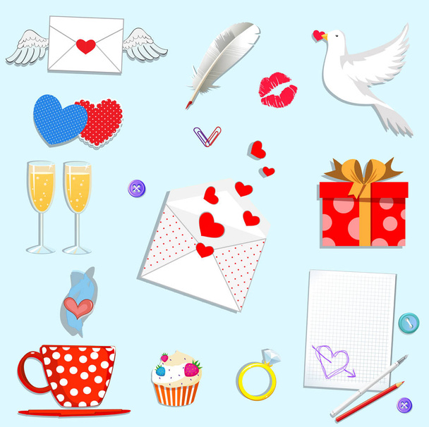 Feliz día de San Valentín iconos de dibujos animados conjunto aislado sobre fondo blanco. Love Holiday. Elementos de colección de San Valentín o boda para tarjeta de felicitación, diseño scrapbooking. Ilustración, clip art
. - Foto, imagen