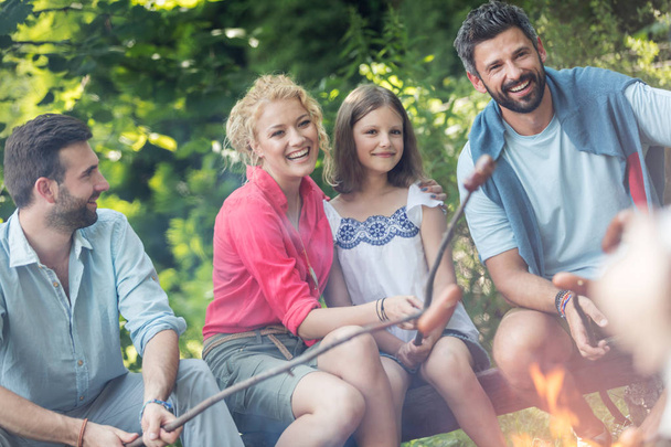Tilt shot of smiling family with male friend roasting sausages over campfire at park - Fotoğraf, Görsel