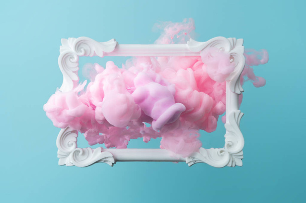 White vintage frame on pastel blue background with abstract pink cloud shapes. Minimal border composition. - Photo, Image