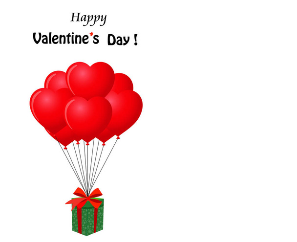 Feliz día de San Valentín plantilla con espacio para el texto. Regalo envuelto con lazo rojo volando en forma de corazón racimo rojo de globos de helio. Linda tarjeta de felicitación para el día de Valenines con espacio para copiar
. - Foto, Imagen