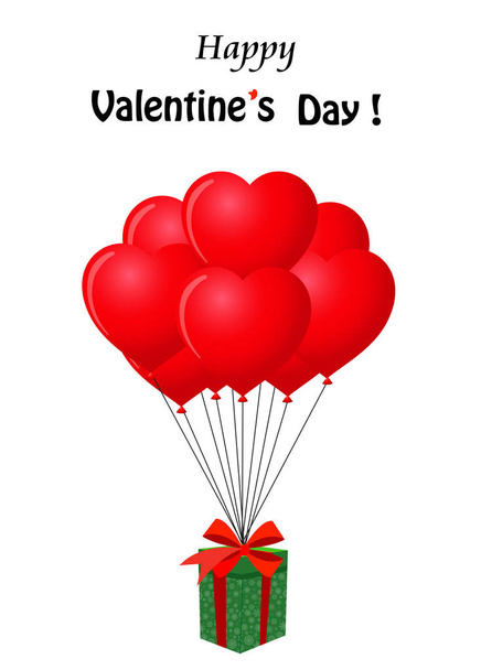 Happy Ημέρα του Αγίου Βαλεντίνου γελοιογραφία ευχετήρια κάρτα με δώρο τυλιγμένο με κόκκινη κορδέλα που φέρουν σε κόκκινο μπουκέτο μπαλόνια ηλίου σε σχήμα καρδιάς. Χαριτωμένο ευχετήρια κάρτα για την ημέρα Valenines. - Φωτογραφία, εικόνα