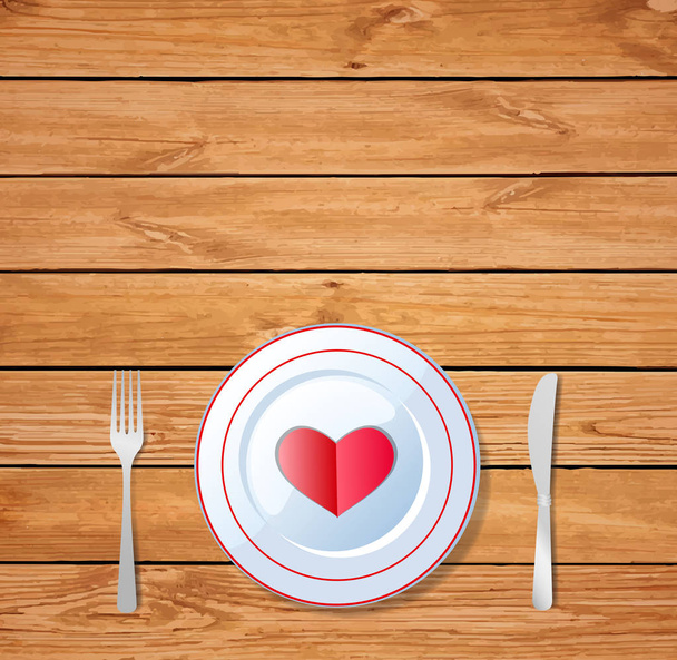 ロマンチックな愛のディナー。ナイフと木製のテーブルの表面にフォークで皿の上の赤いハート。イラスト、グリーティング カード、テキスト用のスペースを持つテンプレート。バレンタインの日のお祝い.  - 写真・画像