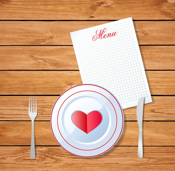   フォークで白い皿の上の心と本文の木製テーブル表面の背景とタイトル メニューとスペース シートにナイフのイラスト。バレンタインの日の愛の朝食.  - 写真・画像