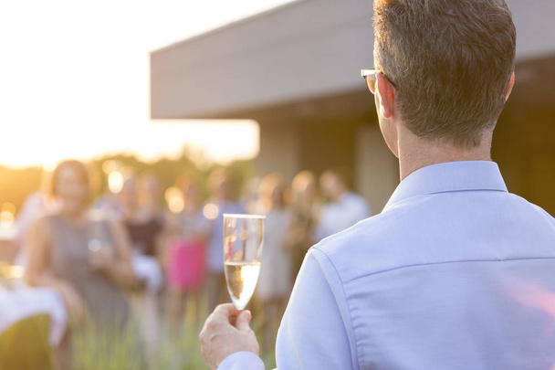 Mature businessman holding wine glass during rooftop party - Fotó, kép
