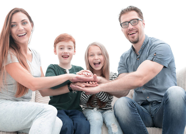 happy family making a tower out of their hands.family team concept - Fotoğraf, Görsel