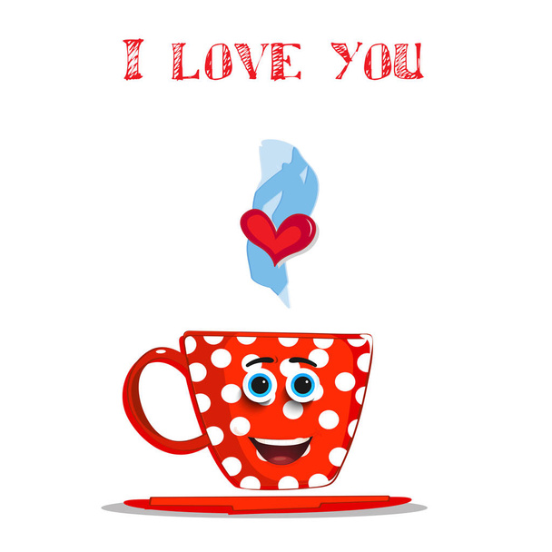 I love you card with cute steaming red  cup with white polka dots pattern, smilling face and heart.   illustration, love clip art, greeting card, invitation for valentines day, wedding, dating. - Photo, Image