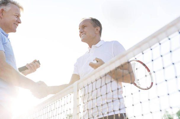 Low angle view of smiling men shaking hands while standing at tennis court against clear sky - Photo, Image