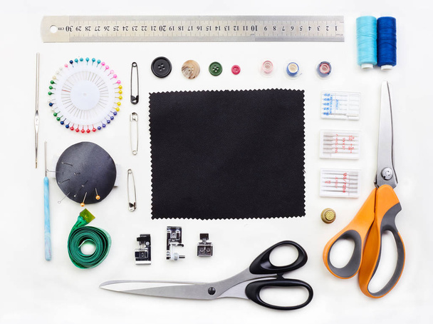 Set of objects for needlework. Branding mockup for sewing on white background - Fotó, kép