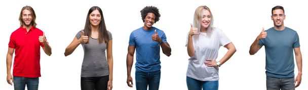 Composition of african american, hispanic and caucasian group of people over isolated white background doing happy thumbs up gesture with hand. Approving expression looking at the camera with showing success. - Photo, Image