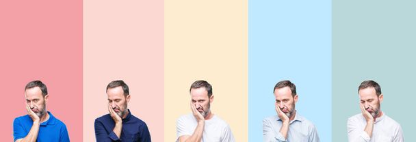 Collage de sénior beau homme sur des rayures colorées arrière-plan isolé pensant à la recherche fatigué et ennuyé avec des problèmes de dépression avec les bras croisés
. - Photo, image