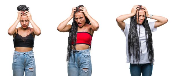 Collage of beautiful braided hair african american woman with birth mark over isolated background suffering from headache desperate and stressed because pain and migraine. Hands on head. - Foto, afbeelding
