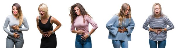 Collage junger schöner Frauen vor isoliertem Hintergrund mit der Hand auf dem Bauch, weil Verdauungsstörungen, schmerzhafte Krankheit, die sich unwohl anfühlt. Schmerzkonzept. - Foto, Bild