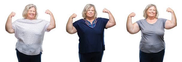 Collage van senior dikke vrouw over geïsoleerde achtergrond armen spieren glimlachend trots tonen. Fitness concept. - Foto, afbeelding