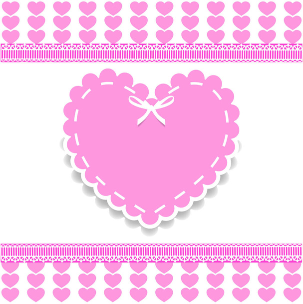 Valentine's, love wedding or baby girl shower template with space for text and wrapped heart stamp with lacing and ribbon on pink and white striped hearts background with lace.   border, frame. - Foto, imagen