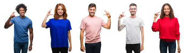 Composition of african american, hispanic and caucasian group of people over isolated white background smiling and confident gesturing with hand doing size sign with fingers while looking and the camera. Measure concept. - Photo, Image