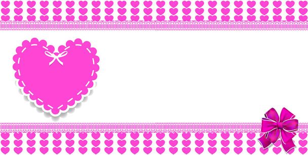 Cute template with pink hearts pattern, space for text and big lace heart sticker  and bow.   border, frame, banner, poster for valentine's festive, love, wedding or baby girl  design. - Photo, Image