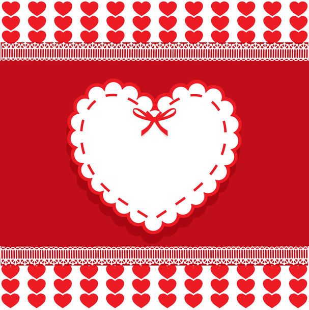 Valentinstag oder Hochzeitsschablone mit Platz für Text und eingewickeltem Herzstempel mit Schleife auf rot-weiß gestreiftem Herzhintergrund, umrahmt von Spitze. abstraktes Gestaltungselement, Rand, Rahmen. - Foto, Bild