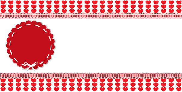 Εορταστική πρότυπο με στρογγυλό αυτοκόλλητο κυματιστές, χώρο για κείμενο και κορδέλα σε ριγέ κούπες κόκκινο και λευκό φόντο πλαισιωμένο με δαντέλα. Εικονογράφηση, banner, αφίσα, πλαίσιο για το σχεδιασμό του Αγίου Βαλεντίνου αγάπη. - Φωτογραφία, εικόνα