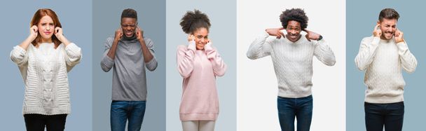 Collage de groupe de personnes afro-américaines et hispaniques portant un pull d'hiver sur fond vintage couvrant les oreilles avec des doigts avec une expression agacée pour le bruit de la musique forte. Concept sourd
. - Photo, image