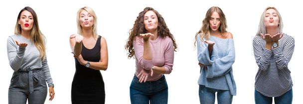 Collage van jonge mooie vrouwen over geïsoleerde achtergrond kijken naar de camera een kus met hand blazen op lucht wordt mooi en sexy. Hou van expressie. - Foto, afbeelding