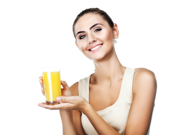 Portrait of happy young woman with apple juice - Photo, Image