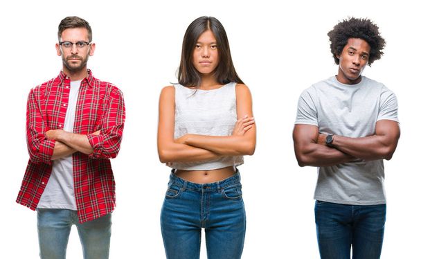 Collage of group of Chinese, african american, hispanic people over isolated background skeptic and nervous, disapproving expression on face with crossed arms. Negative person. - Photo, Image