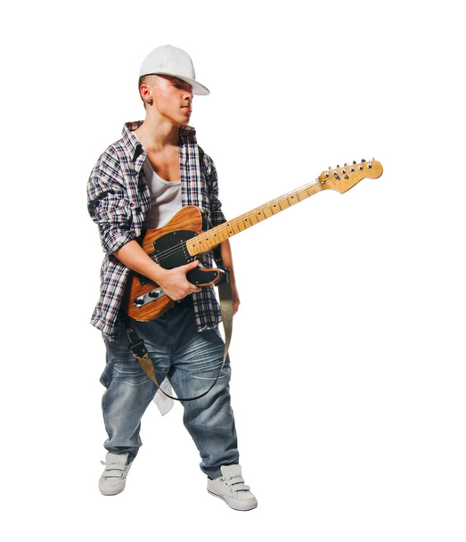 Cool musician with guitar on white - Foto, Imagen