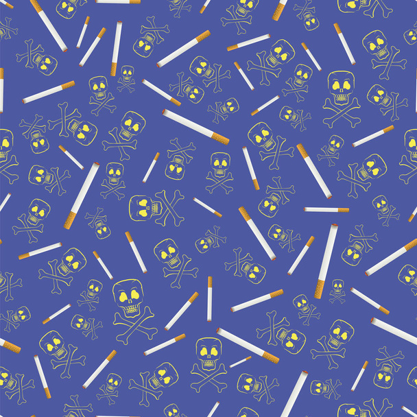 Brandende sigaret en schedel naadloze patroon op blauwe achtergrond - Foto, afbeelding