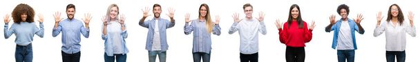 Composition of african american, hispanic and caucasian group of people over isolated white background showing and pointing up with fingers number ten while smiling confident and happy. - Photo, Image