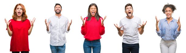 Collage of group chinese, indian, hispanic people over isolated background crazy and mad shouting and yelling with aggressive expression and arms raised. Frustration concept. - Photo, Image