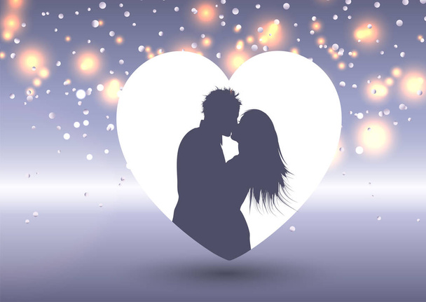 Valentine's Day background with silhouette of a kissing couple in a heart - Vector, Imagen