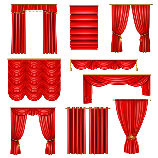 Reális luxus Vörös függöny szett - Vektor, kép