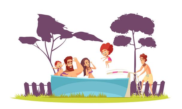 Οικογενειακές και δραστήριες διακοπές πισίνα εικονογράφηση - Διάνυσμα, εικόνα