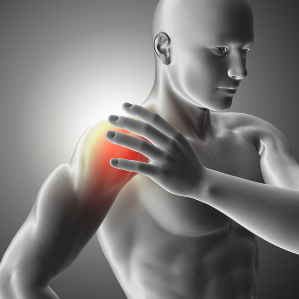 rendu 3D d'une image médicale avec une figure masculine tenant l'épaule dans la douleur
 - Photo, image
