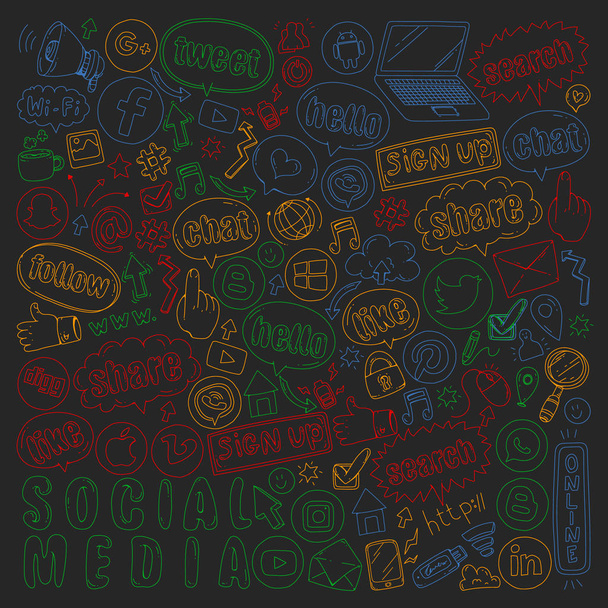 Social Media und Teamwork-Ikonen. Muster auf schwarzem Hintergrund. Kreidezeichnung auf Tafel. Management, Wirtschaft. - Vektor, Bild