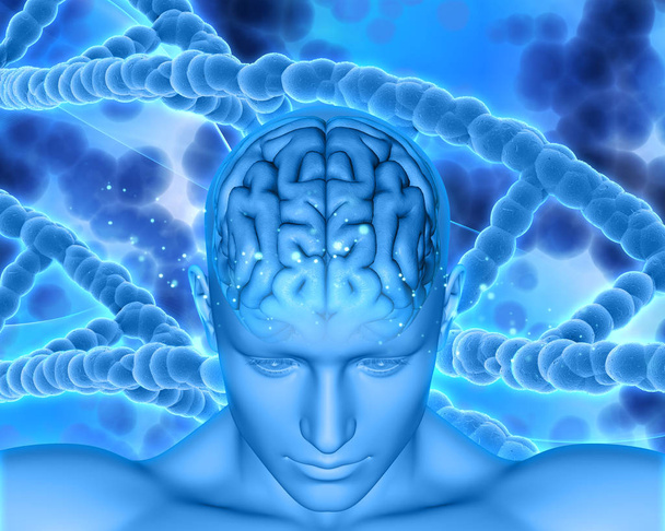 Renderização 3D de um fundo médico com cabeça masculina mostrando cérebro com fios de DNA
 - Foto, Imagem