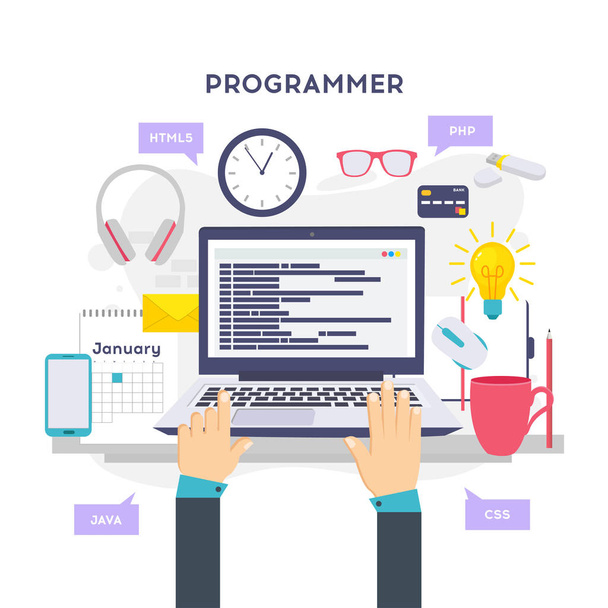 Workplace of programmer or coder. Software coding, programming languages, testing, debugging, web site, search engine seo Vector illustration in flat style - Vector, Image