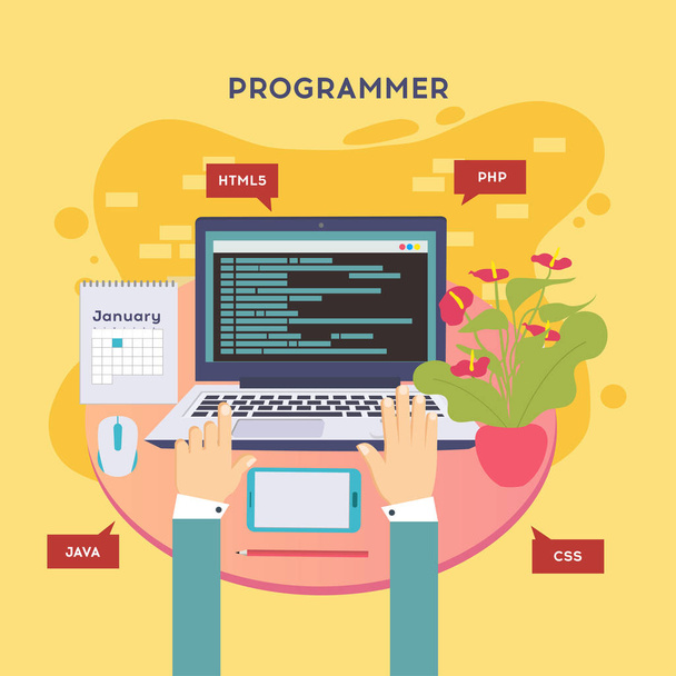 Workplace of programmer or coder. Software coding, programming languages, testing, debugging, web site, search engine seo Vector illustration in flat style - Vector, Image