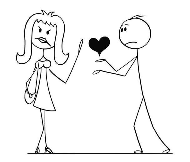 Cartoon of Woman Rejecting Heart and Love From Man - Vector, afbeelding