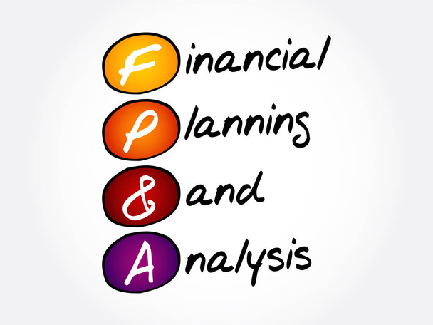 FP & A - acrónimo de Planificación Financiera y Análisis, antecedentes del concepto de negocio - Vector, imagen