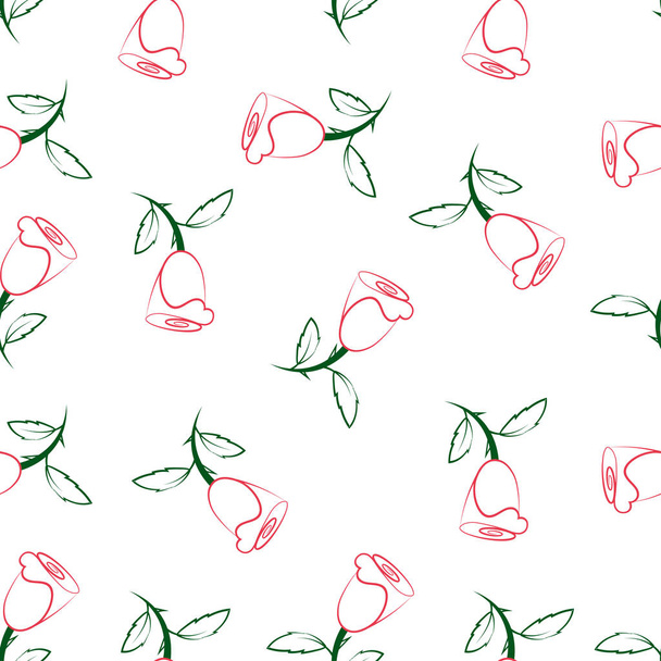 Pattern. Rose and heart. Stylization. Contours of pink and green colors. The contours of the hearts are red. Vector image. - Вектор,изображение