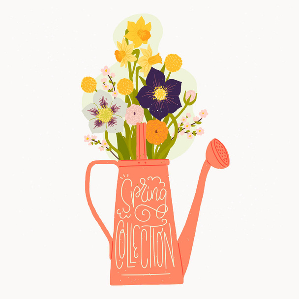 Cartoon style vector illustration of the watering can, bouquet of spring flowers and Spring Collection hand lettering. Great design for sticker, card, poster or merch. Rustic drawing and inscription. - Vector, Image