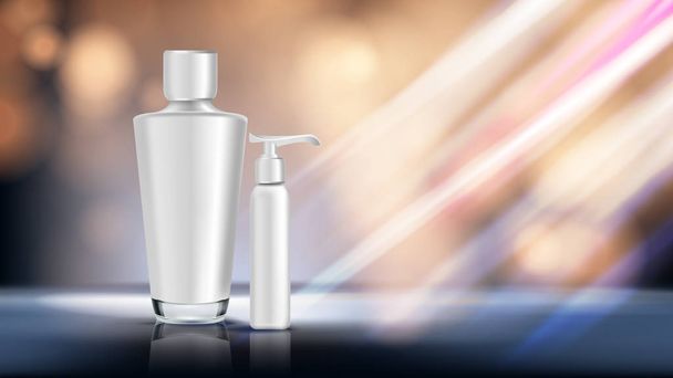 Cosmetic Bottle Ads Vector. Shiny Object. Elegant Woman. Spray, Cream. Liquid Soup, Shampoo. 3D Mockup Realistic Illustration - Vector, Image