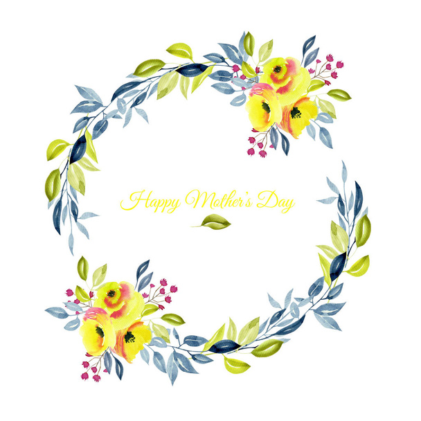 Wreath with yellow roses, blue and green branches, watercolor illustration - Photo, Image